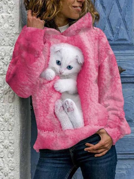 

Animal Casual Loose Hoodie Sweatshirt, Deep pink, Sweatshirts & Hoodies