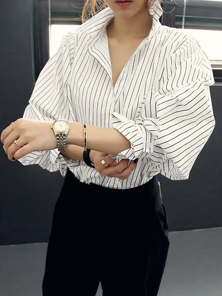 

Striped Shirt Collar Loose Urban Long Sleeve Blouse, White, Blouses and Shirts