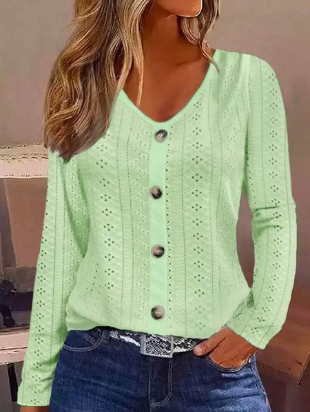 

Buttoned Plain Casual Eyelet Embroidery Long Sleeve Blouse, Green, Blouses & Shirts
