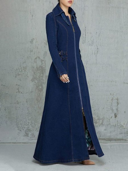 

Regular Fit Urban Plain Long Sleeve Denim Maxi Dress With Belt, Blue, Maxi Dresses