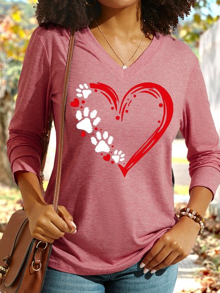 

Women's Dog Paw Print V Neck Casual Graphic Shirt, Pink, Long sleeves