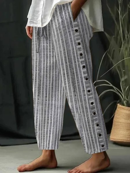 

Casual Striped Loose Buttoned Pants, Gray, Pants