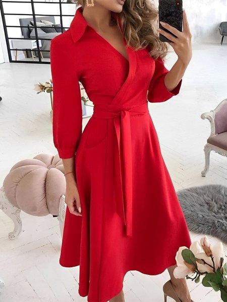

Urban Regular Fit Plain Midi Dress With Belt, Red, Midi Dresses