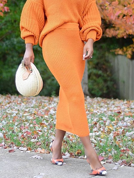 

Plain Elegant Regular Fit Midi Skirt, Orange, Skirts