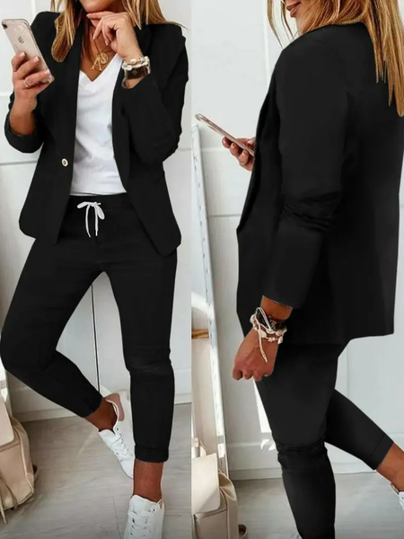 

Casual Shawl Collar Regular Fit Two-Piece Set, Black, Suit Set