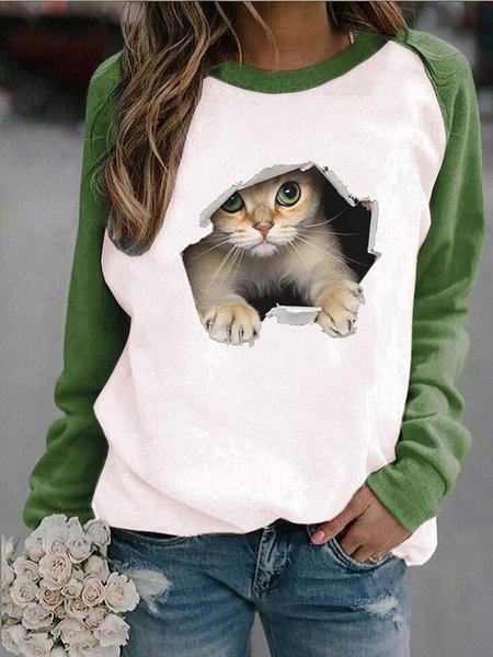 

Loose Cat Casual Crew Neck Sweatshirt, Green, Hoodies&Sweatshirts