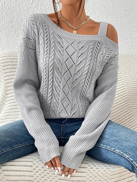 

Regular Fit Casual Plain Cold Shoulder Sweater, Gray, Sweaters