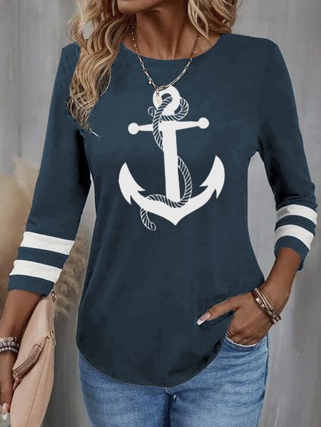

Casual Loose Anchor Knitted T-Shirt, Blue, T-Shirts