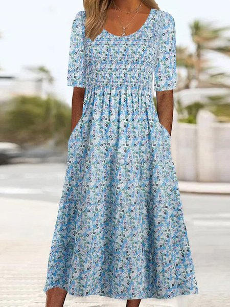 

Knitted Small Floral Casual Dress With No Belt, Blue, Dresses