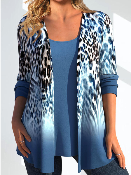 

Leopard Crew Neck Casual Two-Piece Set, Blue, Suit Set
