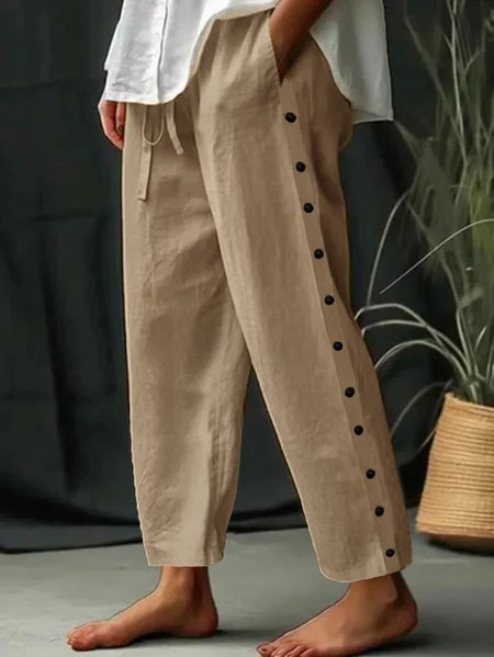 

Buttoned Casual Cotton Loose Pants, Khaki, Pants