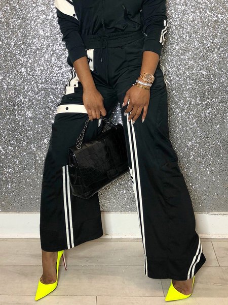 

Casual Striped High Waist Wide Leg Pants, Black, Pants