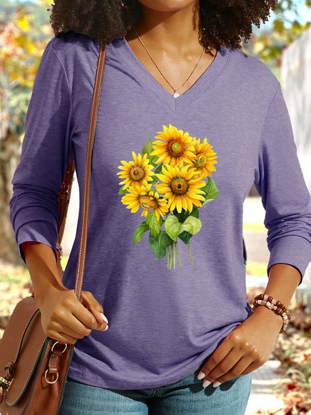 

Women's Sunflower Graphic V Neck Casual Shirt, Purple, Long sleeves