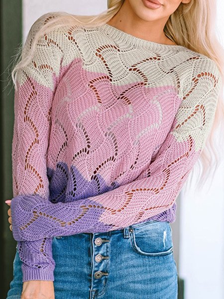 

Women Color Block Long Sleeve Comfy Vintage Sweater, Multicolor, Sweaters