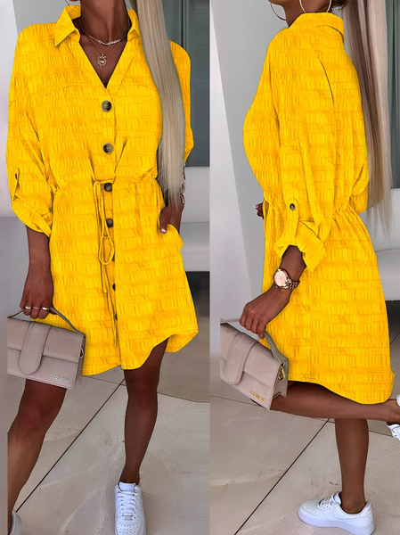 

Plain Casual Shirt Collar Regular Fit Dress, Yellow, Dresses