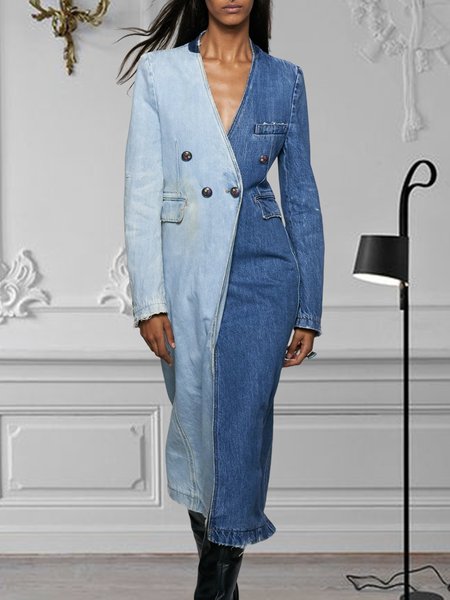 Color Block Regular Fit Casual Denim Dress, Blue, Maxi Dresses