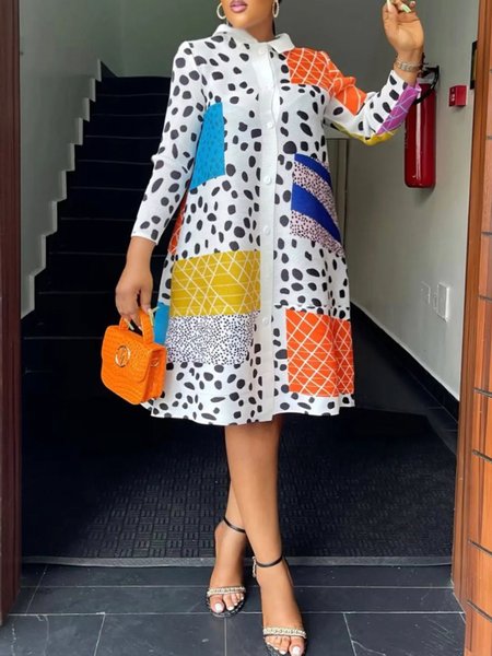 Loose Geometric Urban Shirt Dress, As picture, Midi Dresses