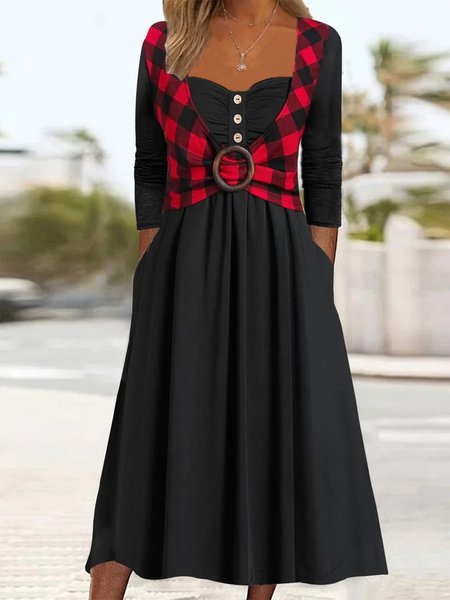 

Plaid Square Neck Loose Elegant Dress, Black, Dresses