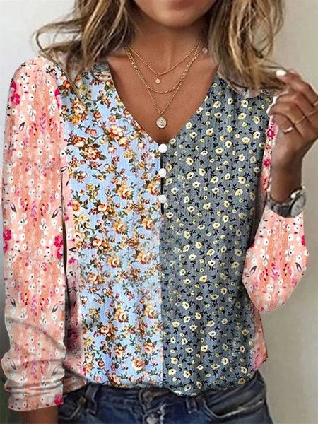 

Casual Floral V Neck Loose T-Shirt, Blue, T-Shirts