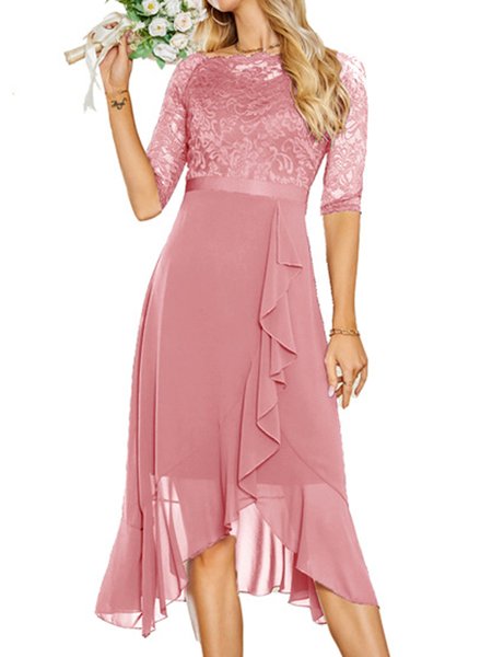 

Party Crew Neck Lace Lace Wedding Dress, Pink, Party Dresses