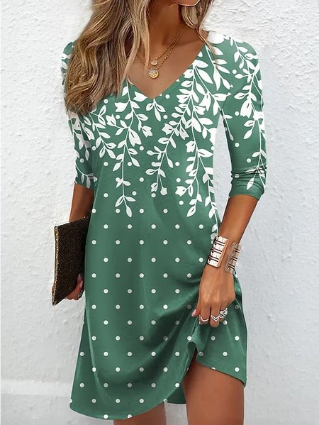 

Loose V Neck Floral Casual Dress, Green, Dresses