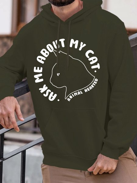

Men’s Cat Casual Letter Pattern Hoodie, Army green, Hoodies&Sweatshirts