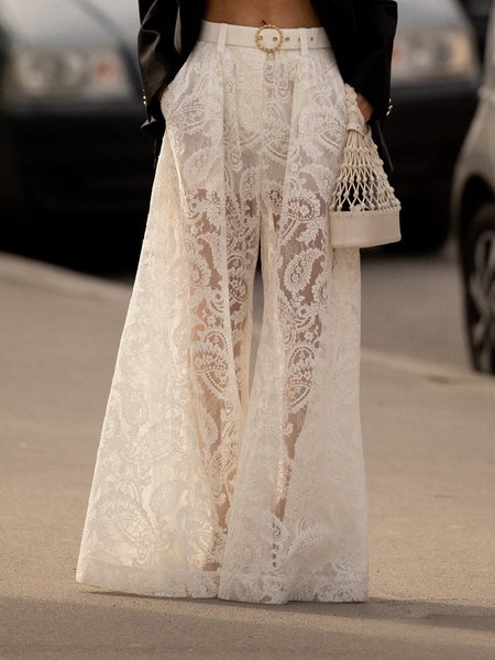 

Loose Elegant Plain Fashion Pants, White, Pants
