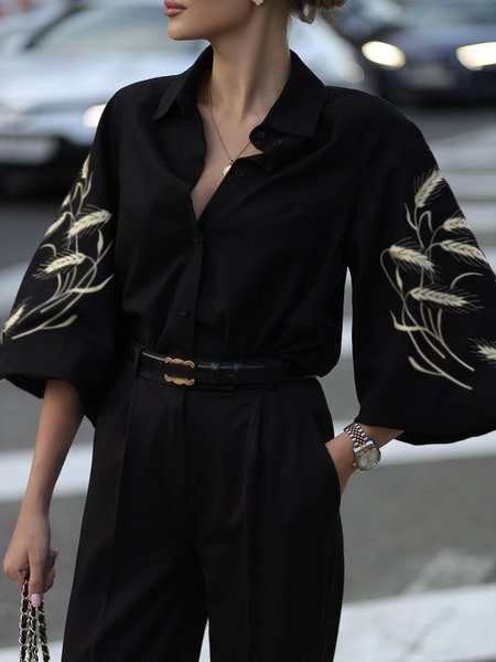

Shirt Collar Urban Print Loose Blouse, Black, Blouses and Shirts