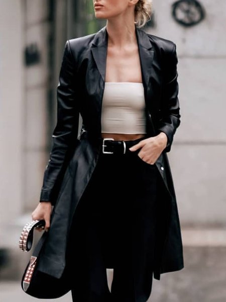 

Lapel Collar Urban Long Sleeve Plain Leather, Black, Blazers