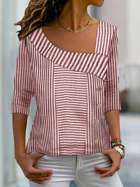 

Women Casual Stripe Asymmetrical Neck Buttoned Long Sleeve Top, Red, Long Sleeves