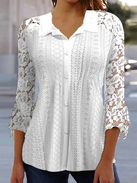 

Lace Lace Casual Plain Shirt, White, Shirts & Blouses