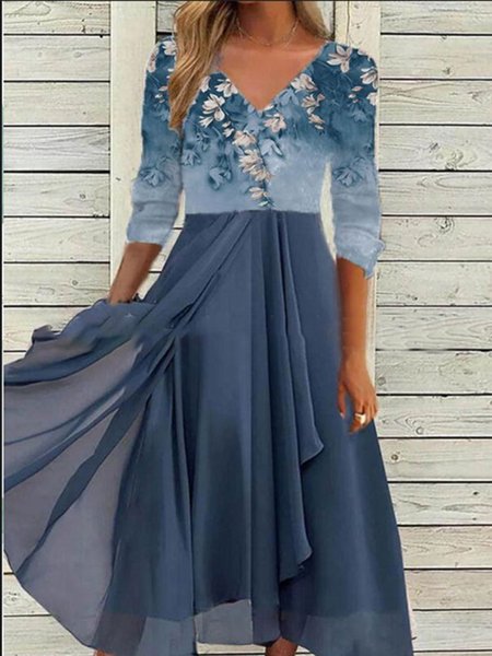 

Floral V Neck Regular Fit Wedding Dress, Blue, Party Dresses