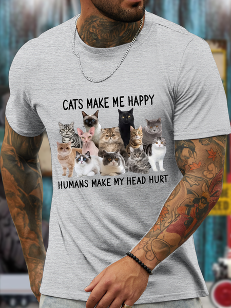 

Men's cats make me happy humans make my head hurt Casual Cotton-Blend Text Letters Loose T-Shirt, Light gray, T-shirts