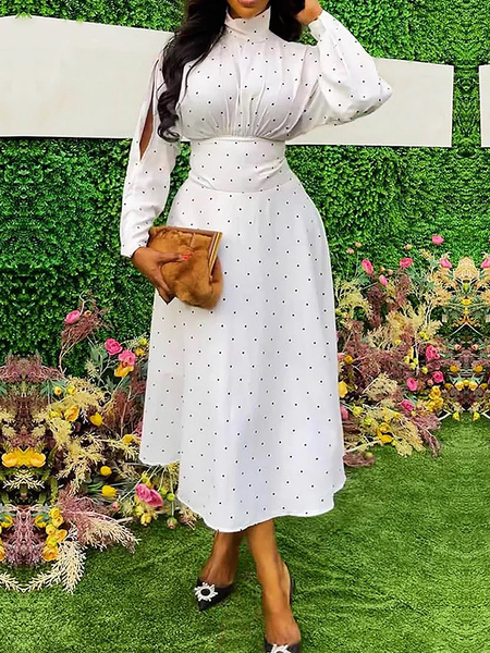 

Elegant Half Turtleneck Long Sleeve Regular Fit Midi Dress, White, Maxi Dresses