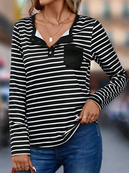 

Casual Buckle Striped T-Shirt, Black, T-Shirts