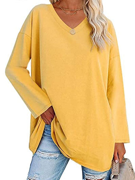 Casual Plain V Neck Long Sleeve T-shirt, Yellow, T-shirts