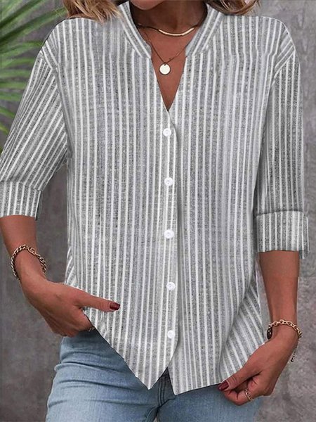 

Loose Stand Collar Striped Casual Shirt, Gray, Blouses & Shirts