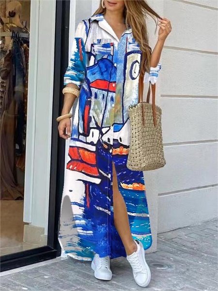 

Regular Fit Casual Shirt Collar Dress, Blue, Dresses
