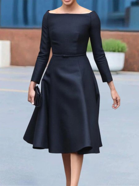

Regular Fit Elegant Boat Neck Plain Midi Dress With No Belt, Black, Midi Dresses