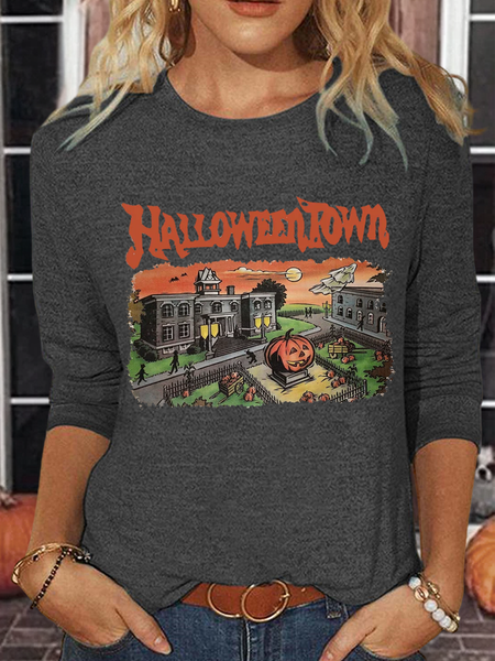 

Women's Halloweentown Est 1998 Casual Regular Fit Cotton-Blend Long Sleeve Shirt, Gray, Long sleeves