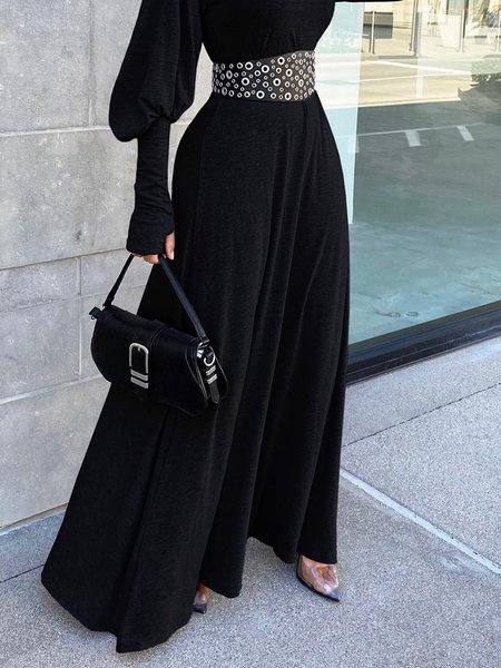 

Loose Plain Elegant Skirt With No Belt, Black, Skirts
