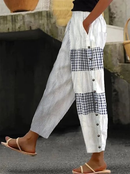 

Striped Casual Loose Buttoned Pants, White, Pants