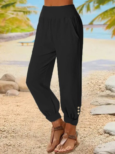 

Casual Plain Cotton Pants, Black, Pants