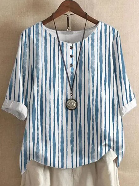 

Crew Neck Loose Casual Striped Shirt, Blue, Shirts & Blouses