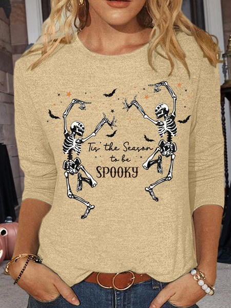 

Women's Halloween 2023 Skull This Is The Season To Be Spooky Casual Cotton-Blend Long Sleeve Shirt, Khaki, Long sleeves