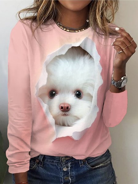 

Dog Crew Neck Casual Loose T-Shirt, Pink, T-Shirts