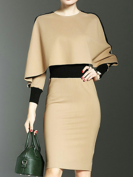 

Color Block Crew Neck Long Sleeve Elegant Regular Fit Dress, Khaki, Mini Dresses