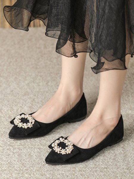 

Imitation Pearls Rhinestone Decor Wedding Flat Shallow Shoes, Black, Flats