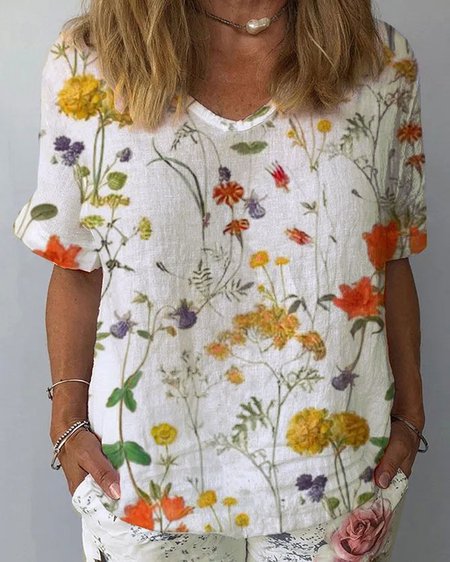 

Loose Linen Floral V Neck Shirt, White, Shirts & Blouses
