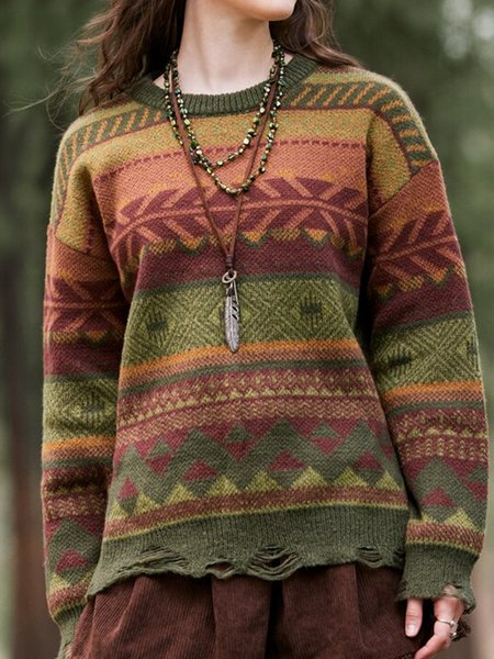 

Acrylic Crew Neck Ethnic Vintage Sweater, Green, Sweaters